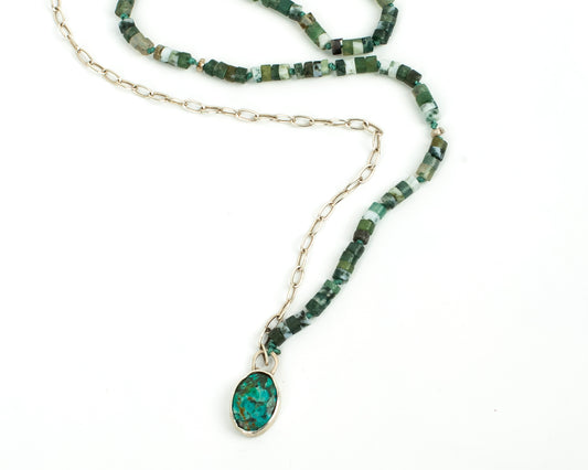Handcrafted 925 Sterling Silver Necklace with Turquoise, Moss Agate