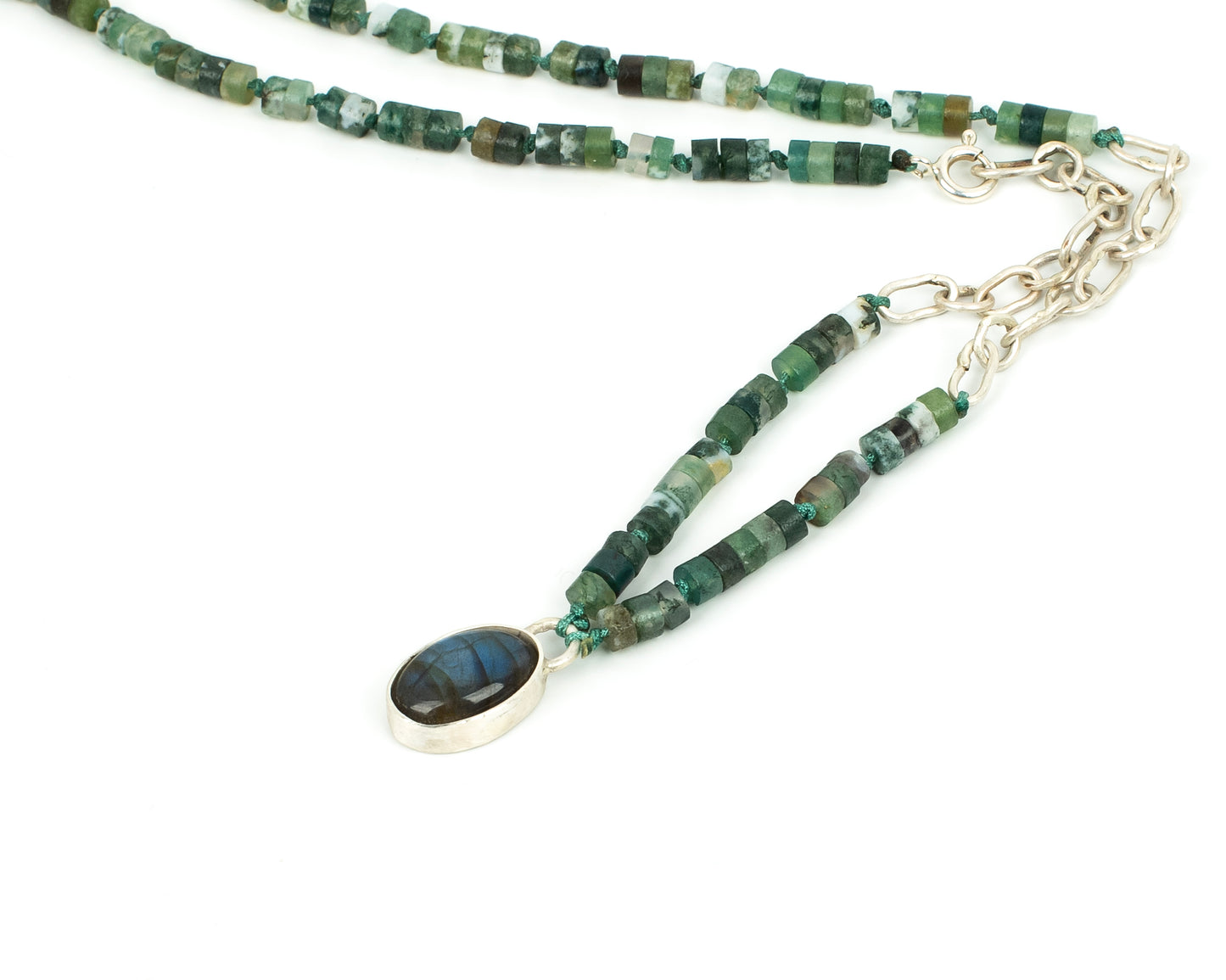 Handcrafted 925 Sterling Silver Necklace with Moss Agate, Labradorite