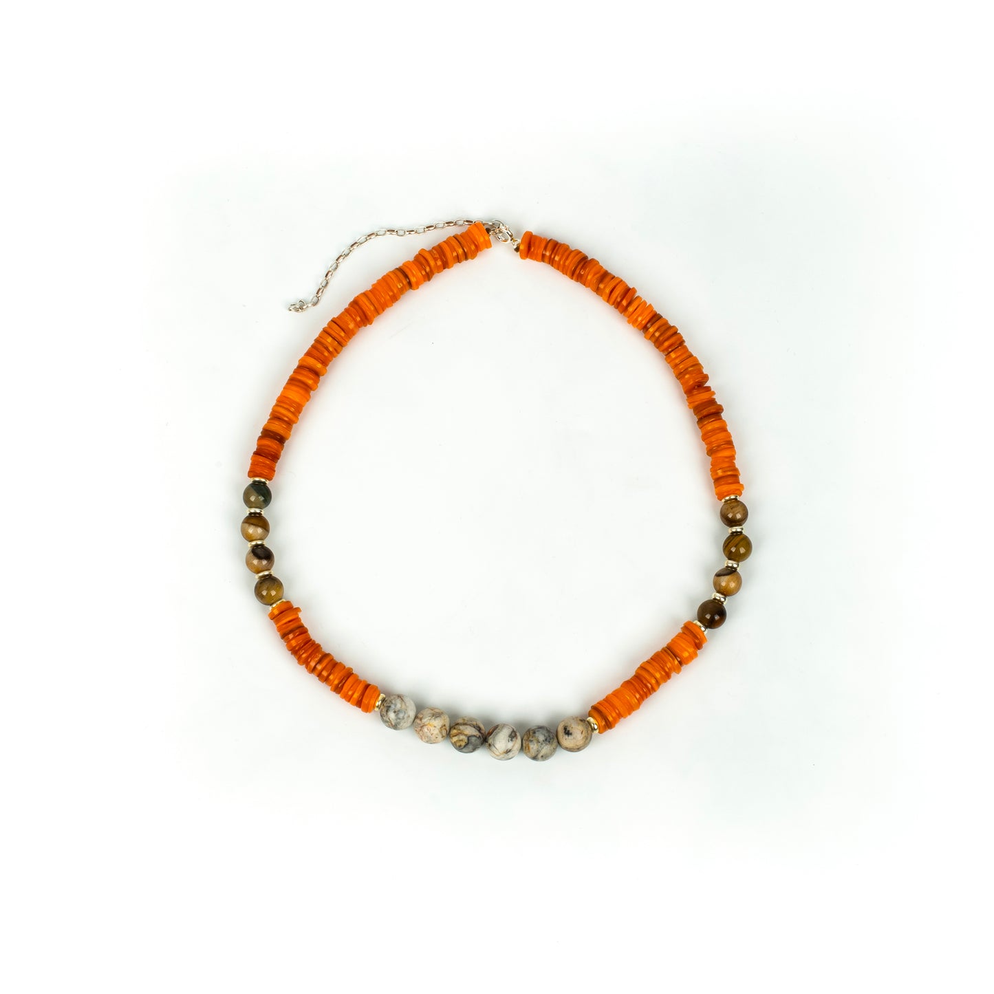 Handcrafted 925 Sterling Silver Necklace with Tiger Eye, Mother of Pearl, Jasper