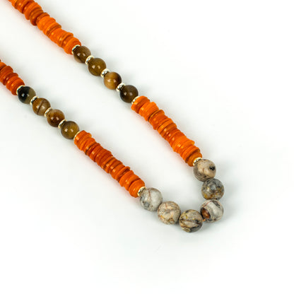 Handcrafted 925 Sterling Silver Necklace with Tiger Eye, Mother of Pearl, Jasper