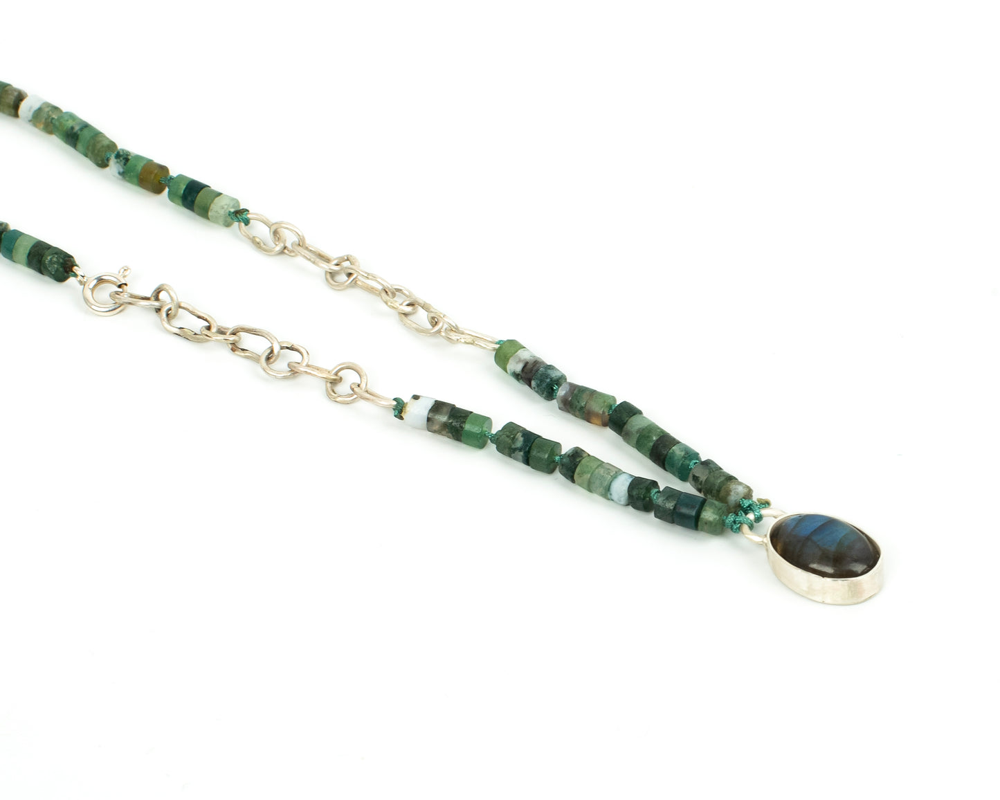 Handcrafted 925 Sterling Silver Necklace with Moss Agate, Labradorite