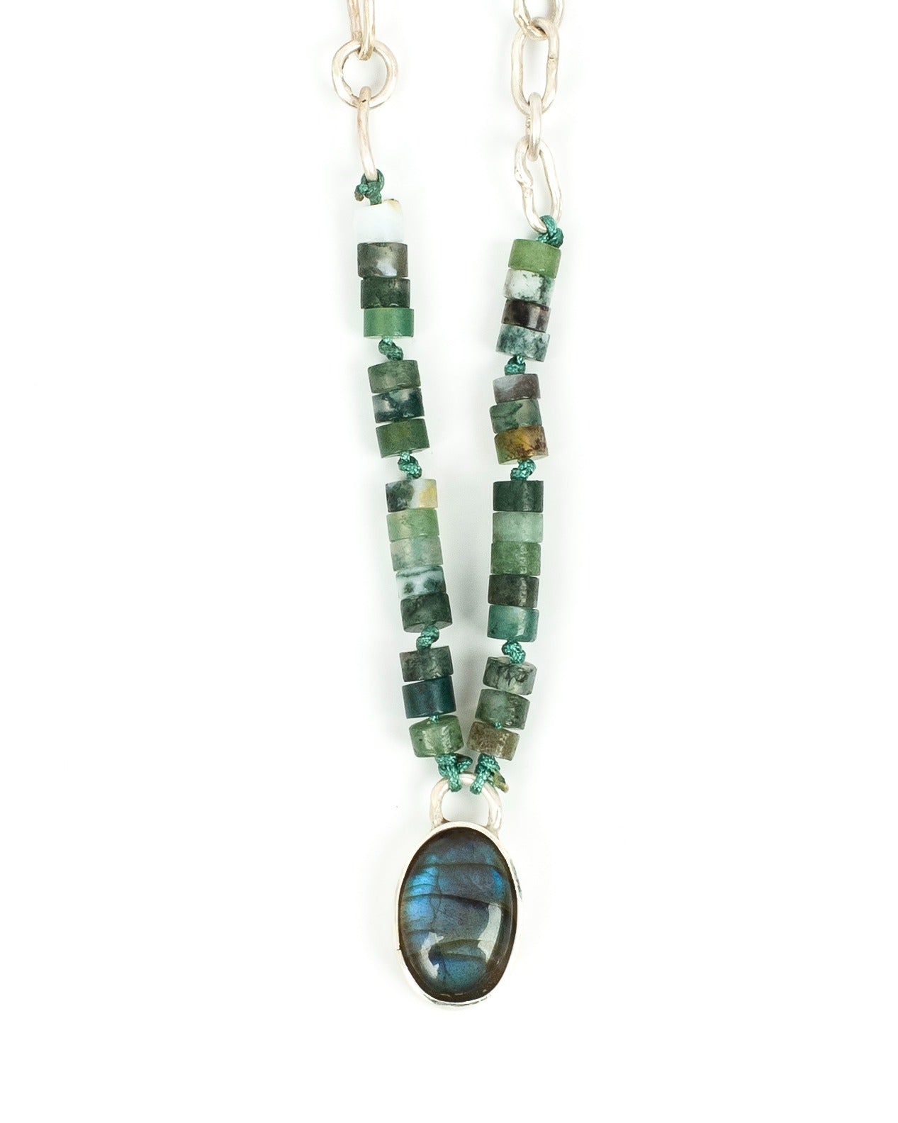 Handcrafted 925 Sterling Silver Necklace with Moss Agate, Labradorite