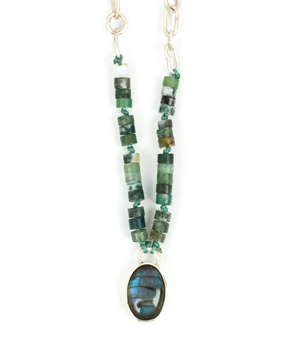 Handcrafted 925 Sterling Silver Necklace with Moss Agate, Labradorite