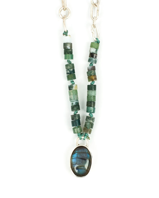 Handcrafted 925 Sterling Silver Necklace with Moss Agate, Labradorite