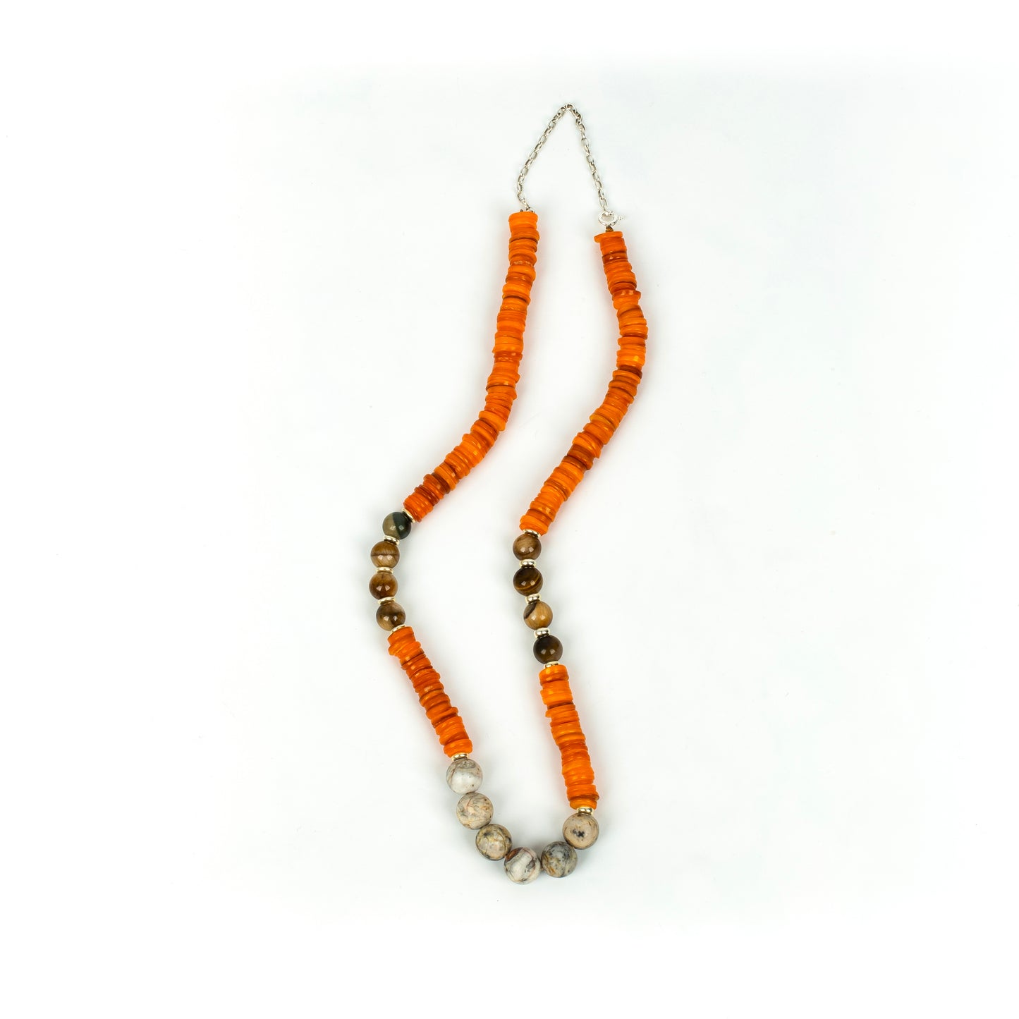 Handcrafted 925 Sterling Silver Necklace with Tiger Eye, Mother of Pearl, Jasper