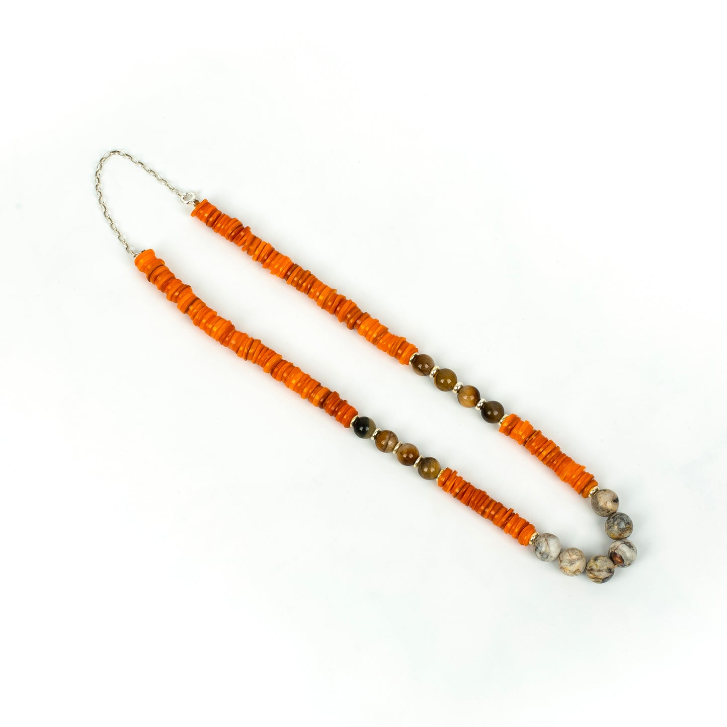 Handcrafted 925 Sterling Silver Necklace with Tiger Eye, Mother of Pearl, Jasper