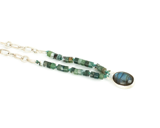 Handcrafted 925 Sterling Silver Necklace with Moss Agate, Labradorite